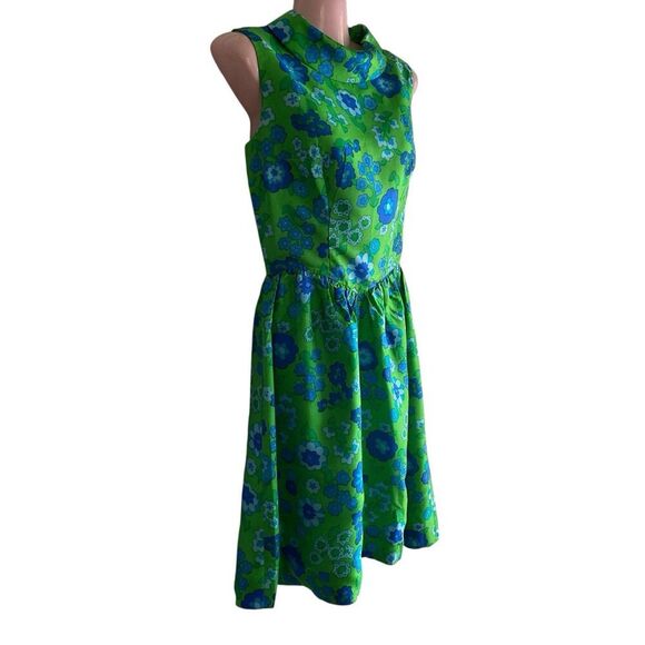 Vtg 1970s Lord & Taylor Dress Women's Small Silk Blue Green Floral Mod - Picture 2 of 6